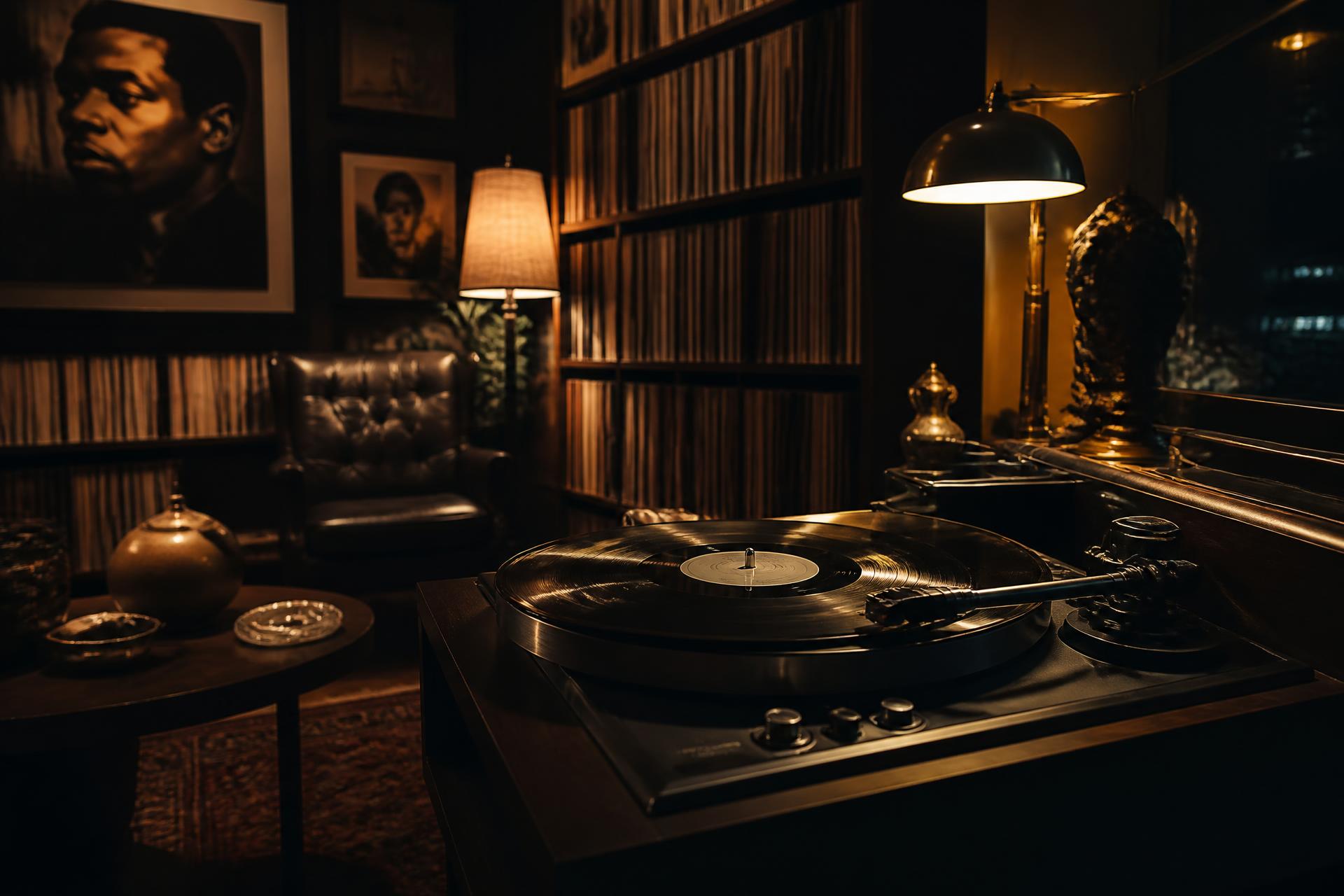 A warm, dimly lit listening room with vinyl records and a turntable